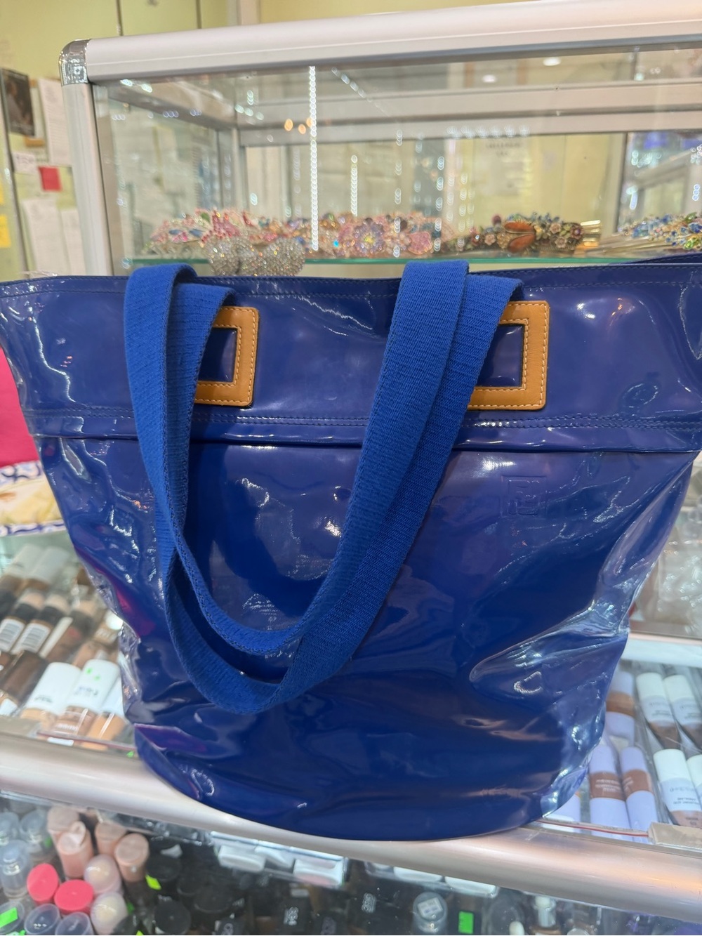 Fendi Blue Patent Shoulder Tote with Tan Trim